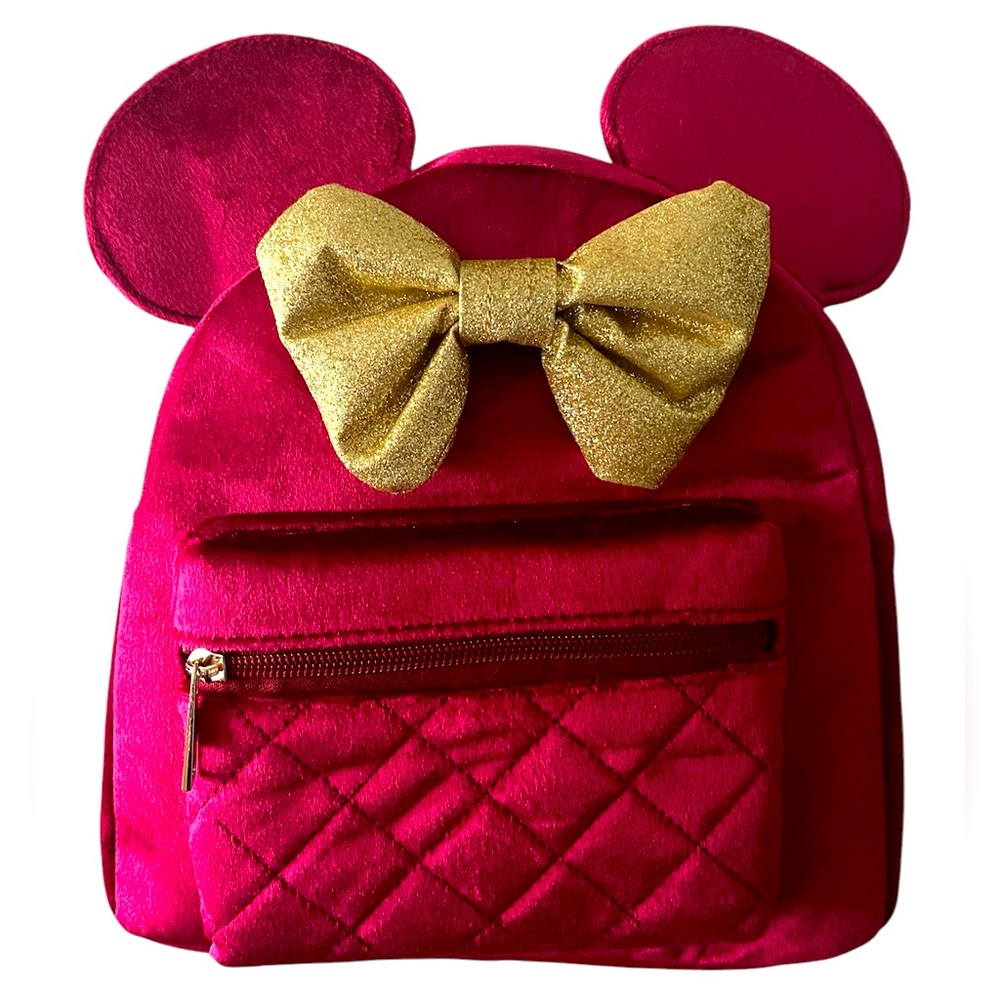 New Disney Minnie Mouse Red Velvet Backpack with 3D Bow & Ears.